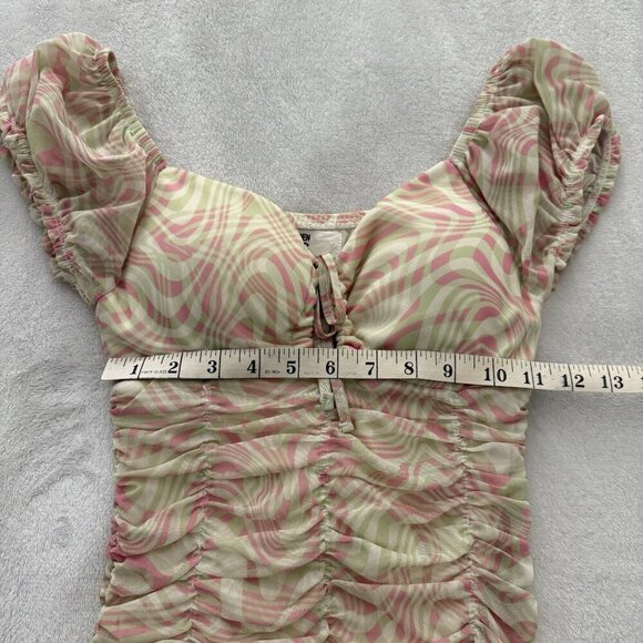 Madden NYC Bodycon Dress XS Ruched Pink Green Swirl Y2K Milkmaid Sheer Mesh Sexy - Picture 6 of 14